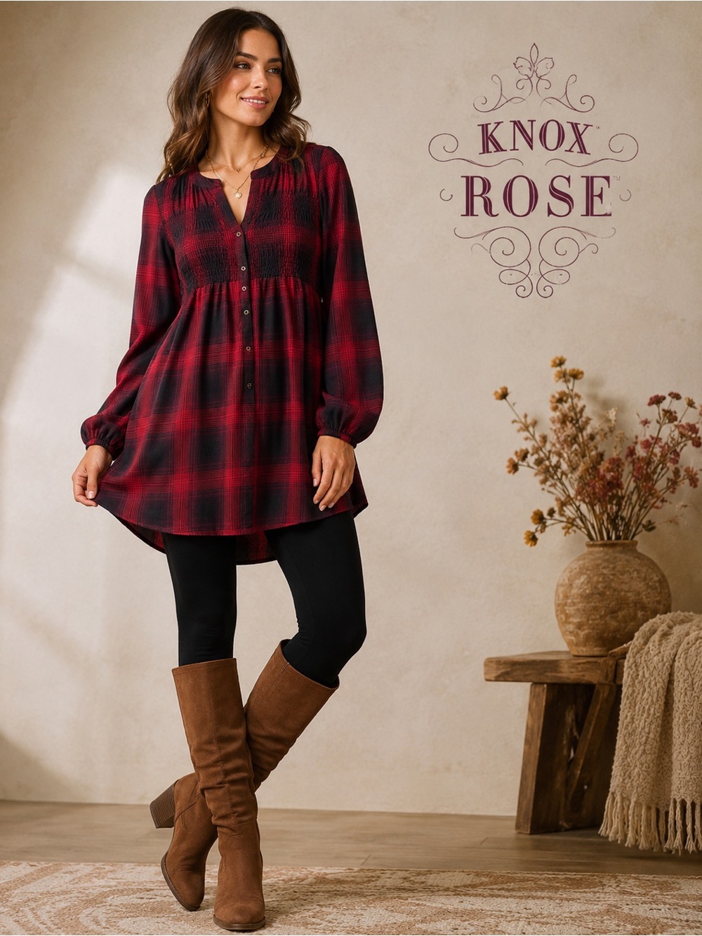 Knox Rose NWT Plaid Smocked Tunic Dress Red Black Long Sleeve Women’s Large C7